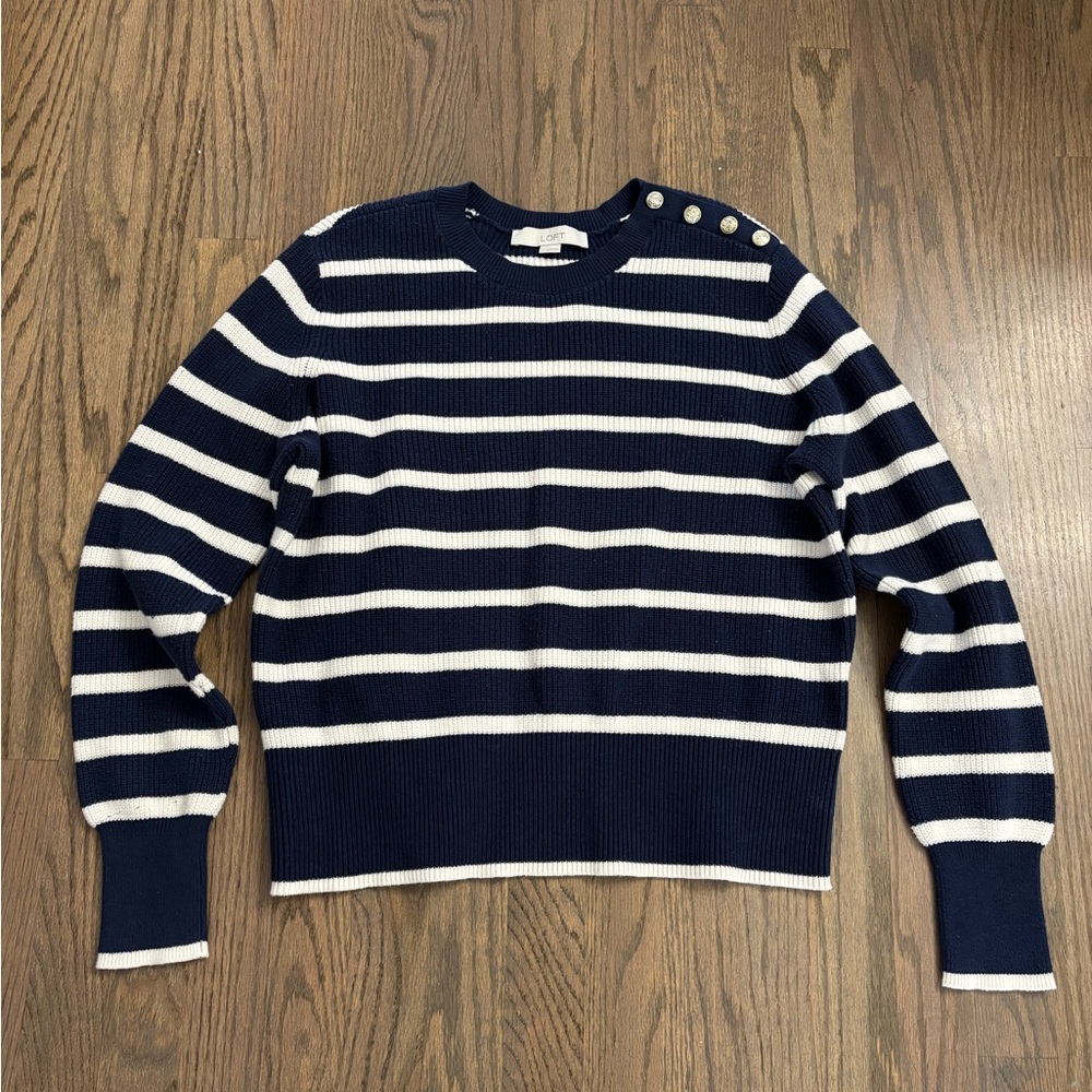 LOFT Navy and White Striped Crewneck Sweater with Shoulder Buttons - WORN ONCE!